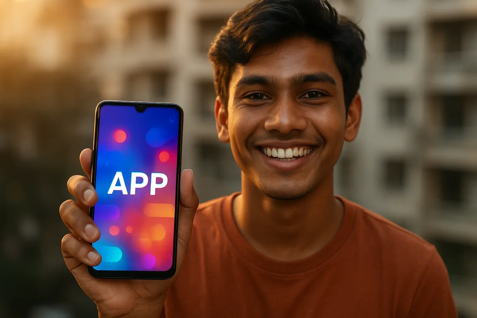 Young Bangladeshi man smiling while showing colorful mobile gaming app screen