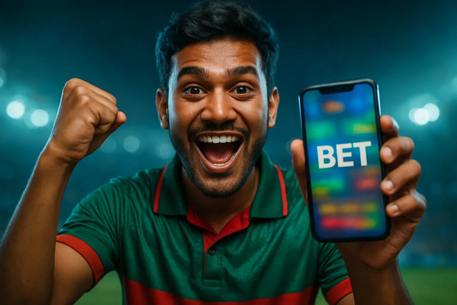 Excited Bangladeshi man holding smartphone with sports betting screen and BET text