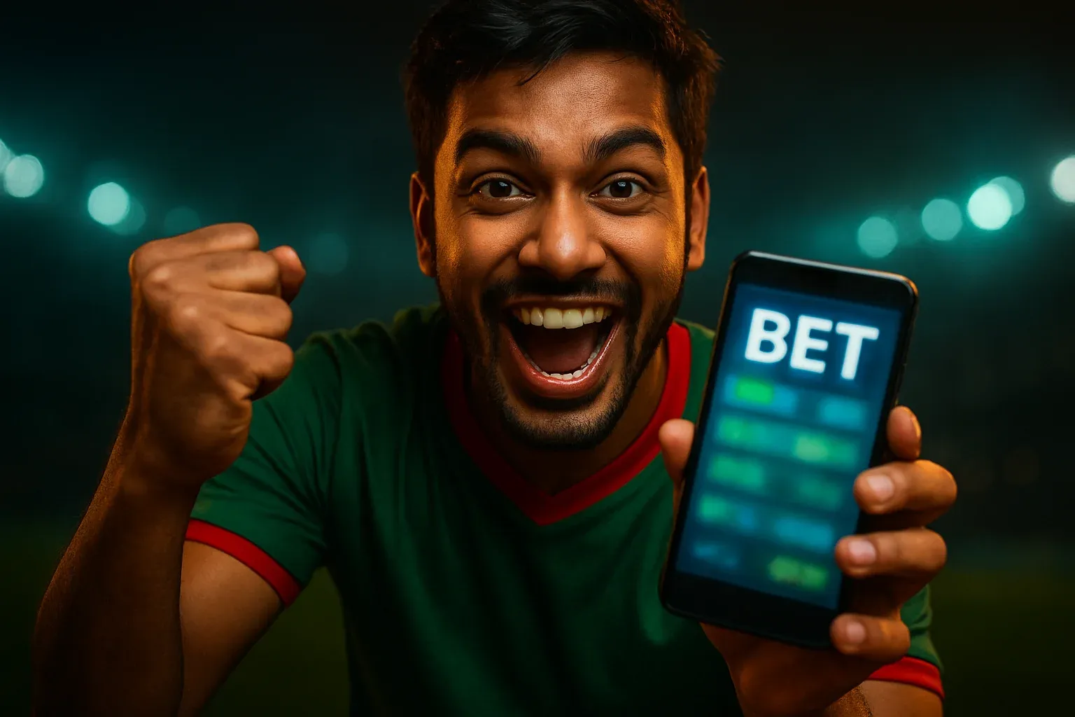 Excited young Bangladesh man cheering with smartphone showing sports betting screen