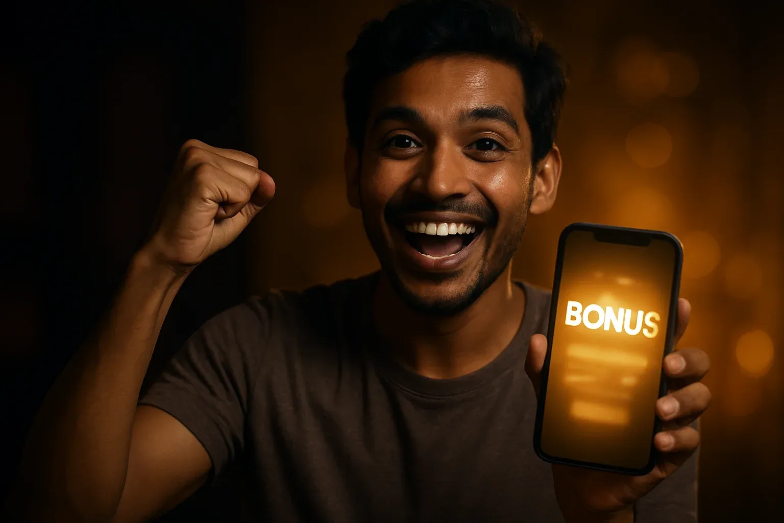 Joyful young Bangladesh man holding smartphone showing bonus reward interface