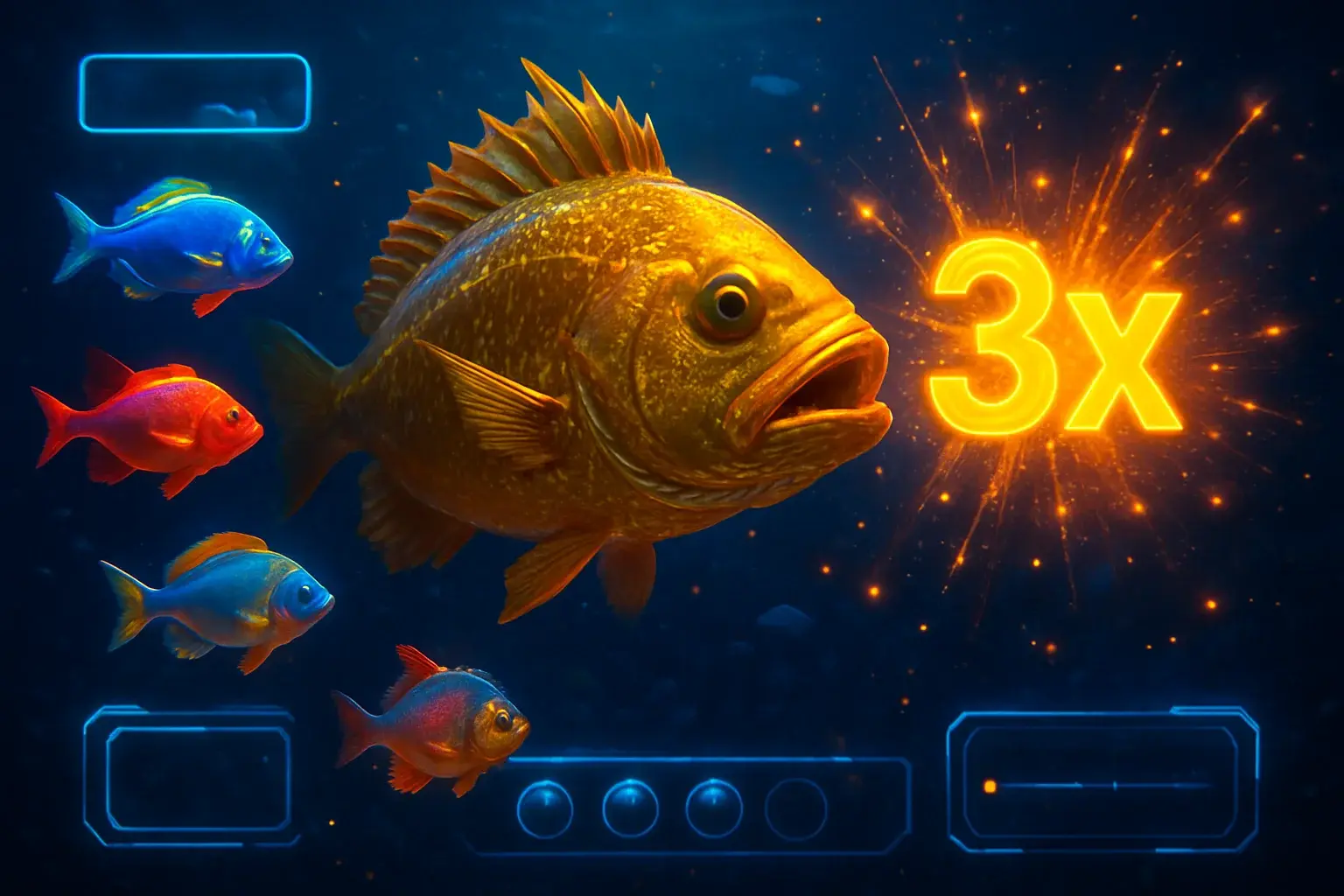 Hyperrealistic underwater arcade scene with glowing tropical fish and golden boss fish