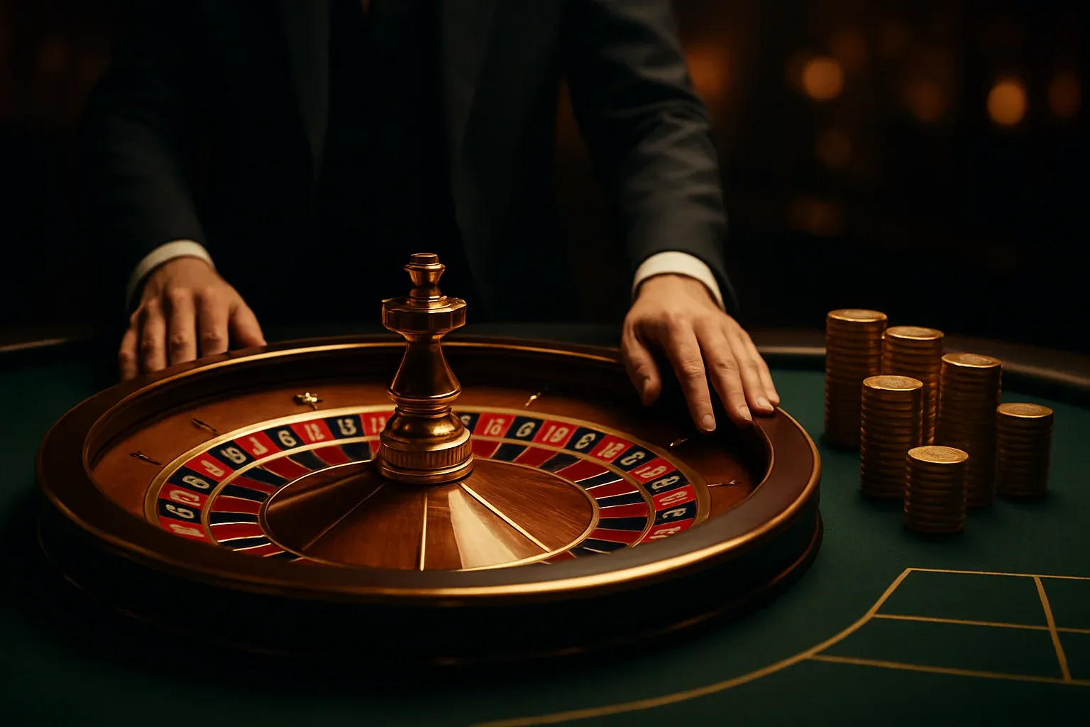 Elegant live casino roulette table with dealer hands and golden chips