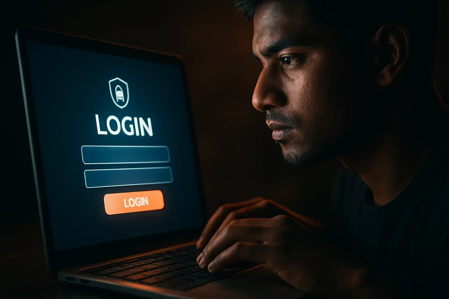 Young Bangladeshi man's hands on laptop showing LOGIN screen