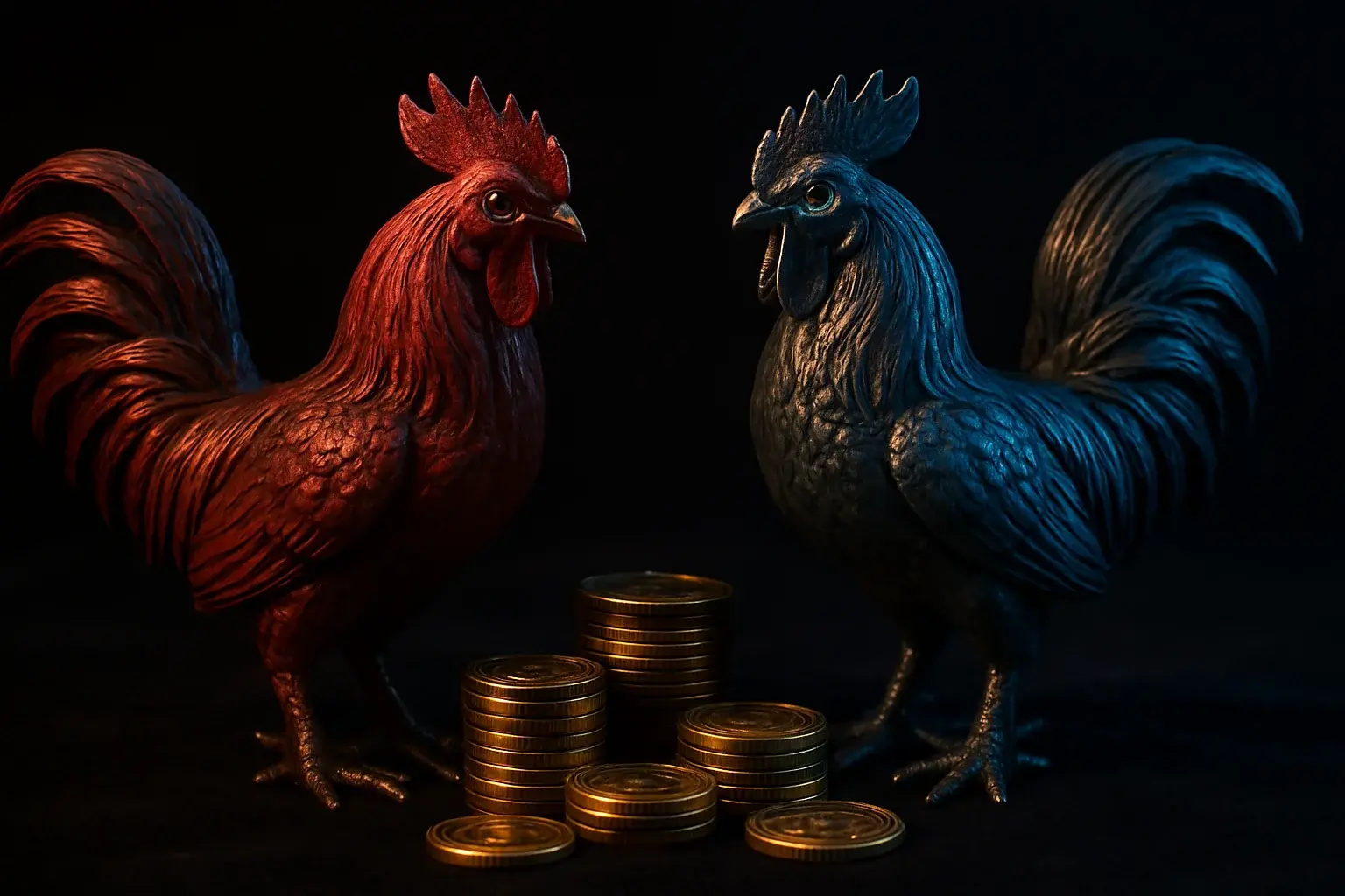 Decorative rooster statuettes with casino chips on dark velvet surface