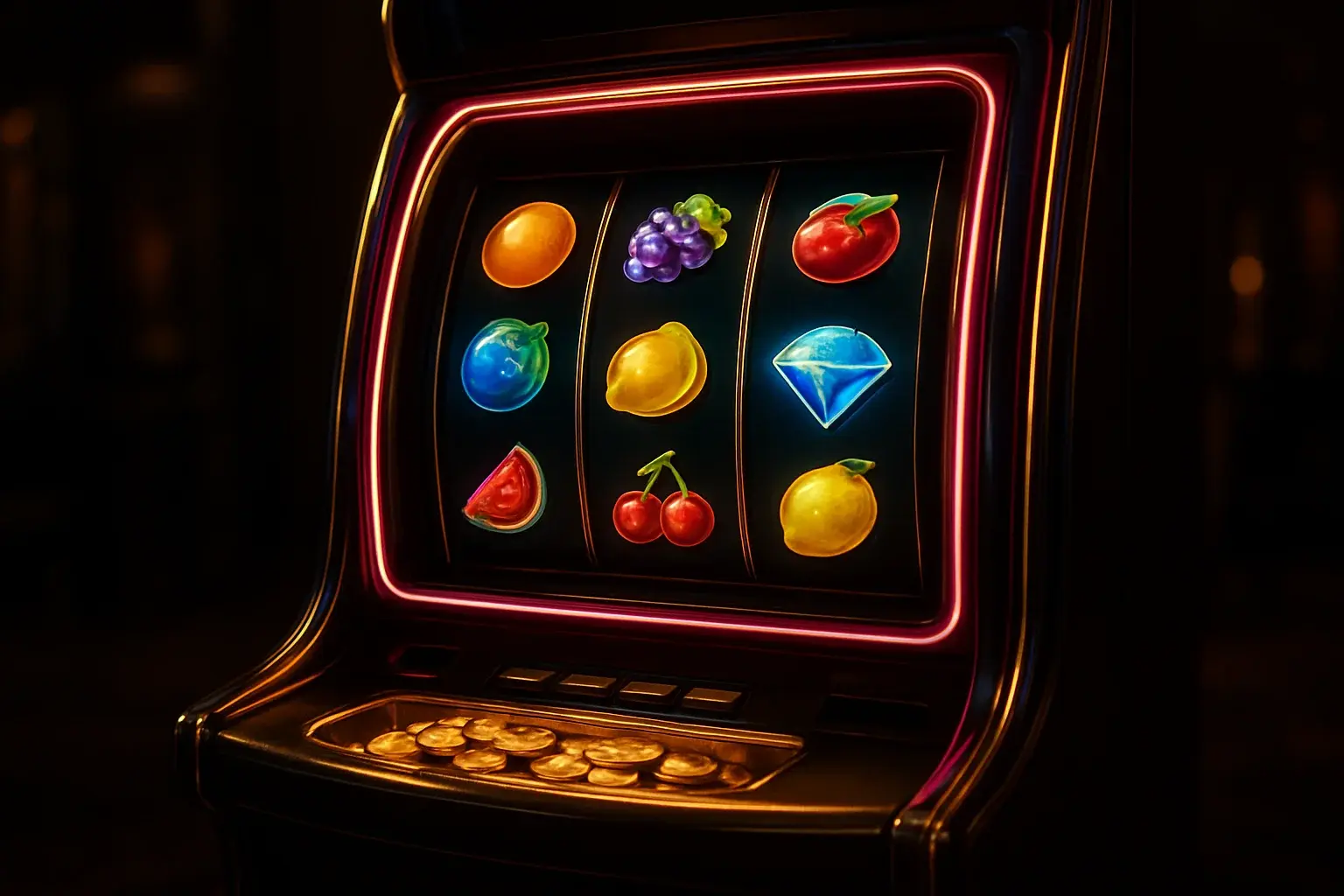 Premium slot machine with glowing reels in a dark luxury casino
