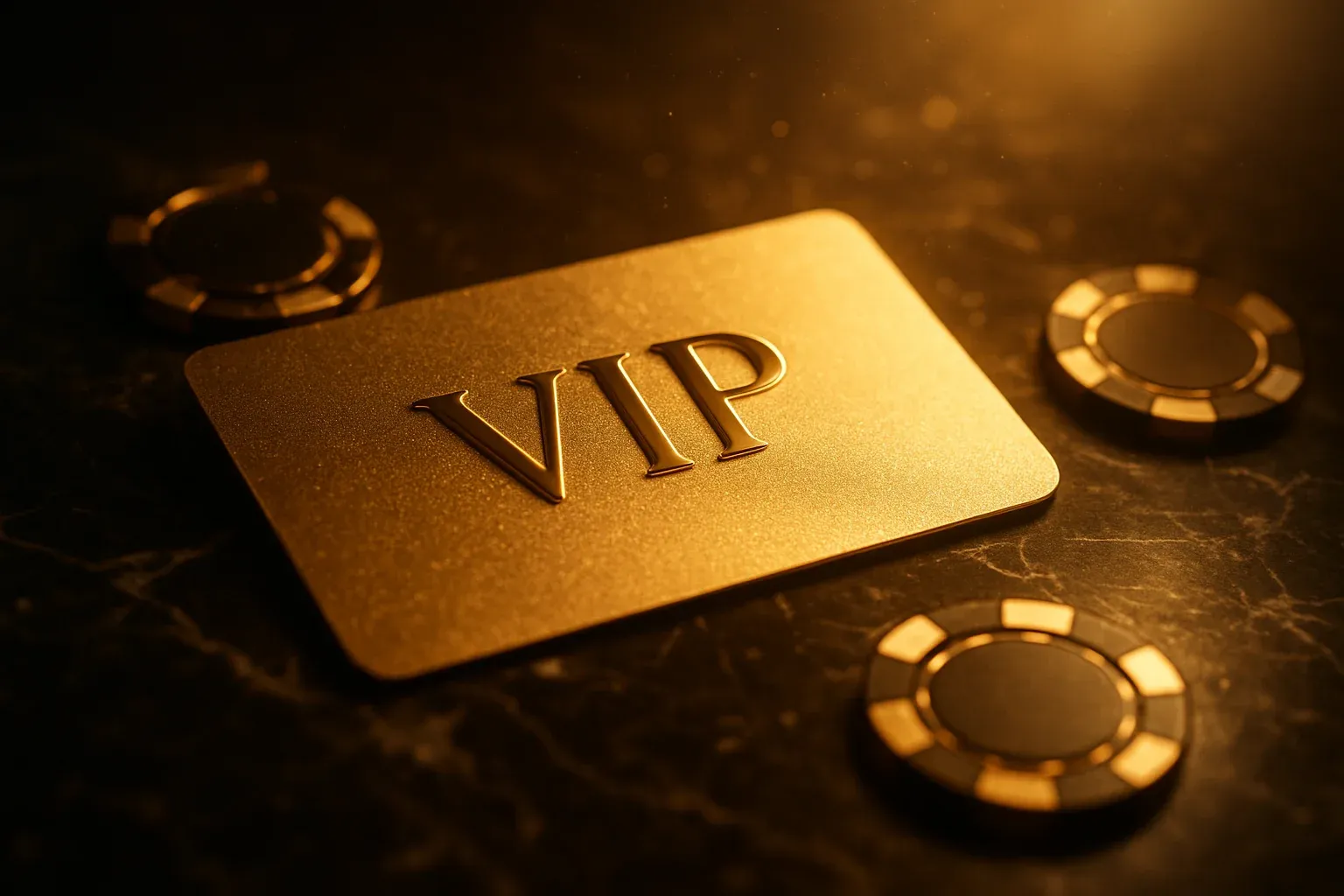 Glowing golden VIP card on dark marble with casino chips